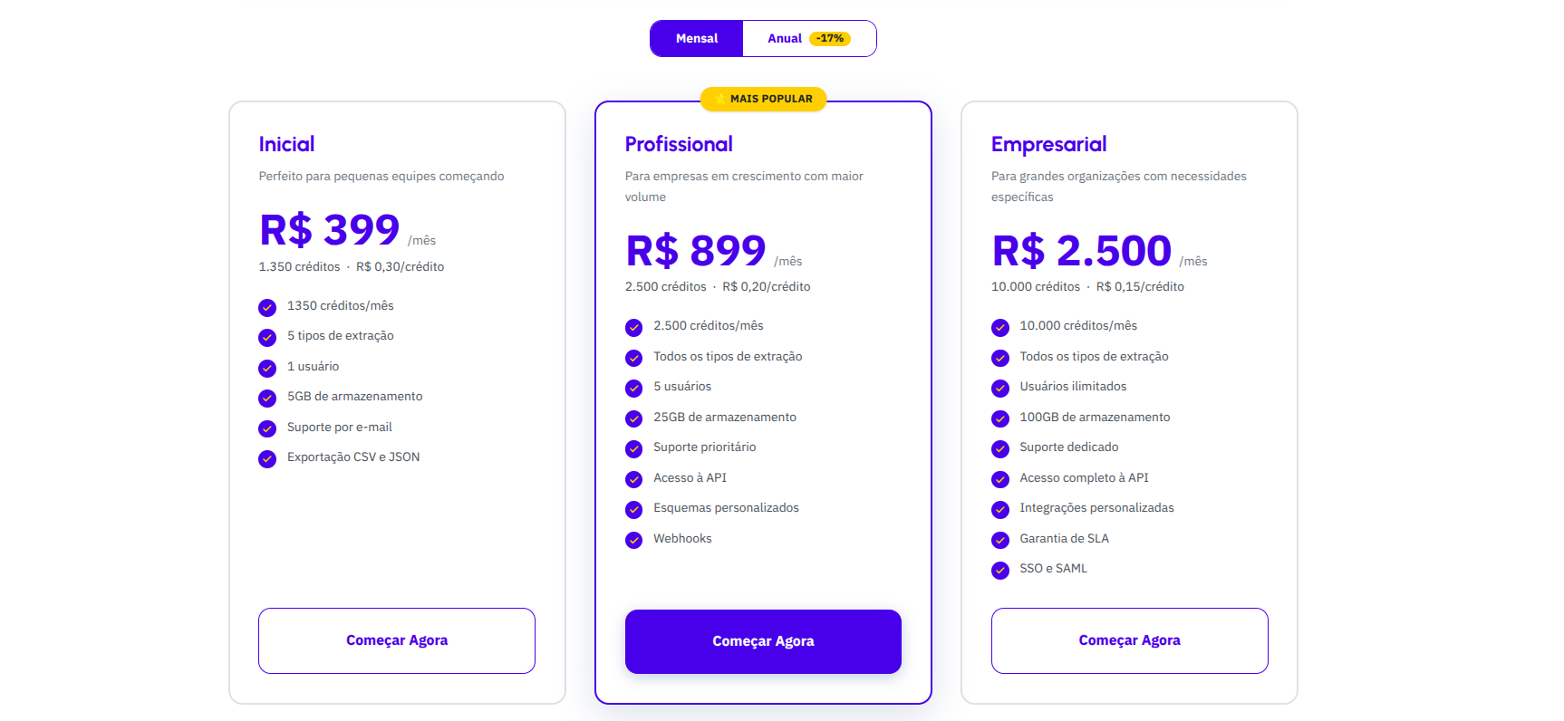Planos e preços do Chartis